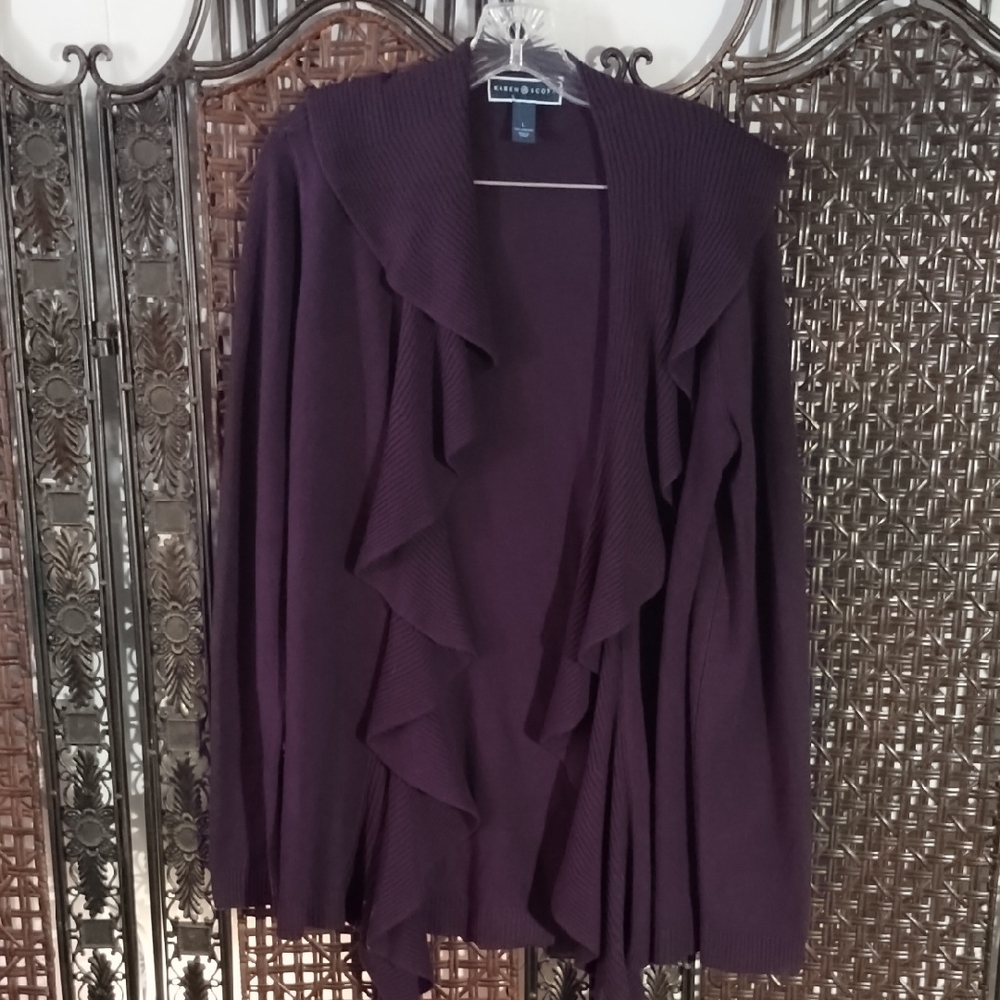Karen Scott Long Deep Purple Mulberry Cardigan Large Soft Casual